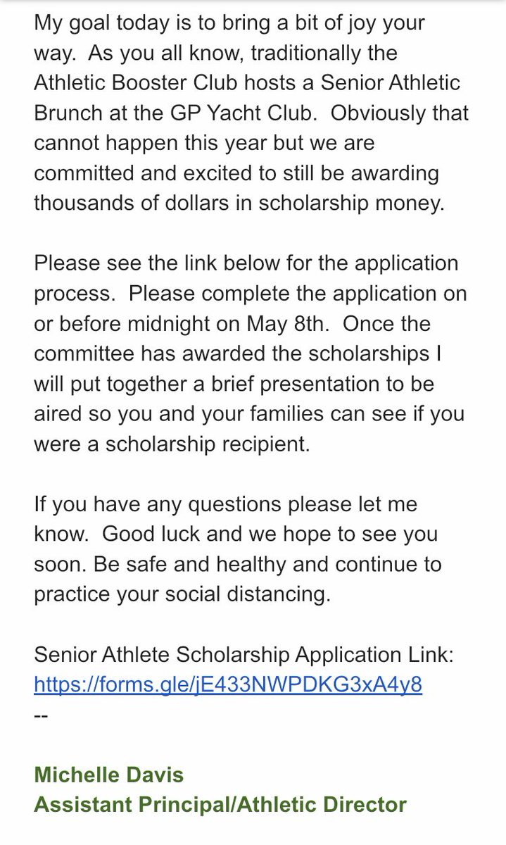 Michelle Davis (@davism_michelle) on Twitter photo GPN Class of 2020 Senior Athletes. I hope this finds you all safe and healthy. Please see the attached information for the Senior Athletic Scholarships. Due date for applications is May 8th. We miss you Norsemen! forms.gle/jE433NWPDKG3xA… <a href="/GPNABC/">GPNAthleticBoosters</a> <a href="/GPNHS/">Grosse Pointe North</a> <a href="/katecalmurray/">Dr. Kathryn C. Murray</a> <a href="/GPN_2020/">GPN Class of 2020</a> GPN Class of 2020 Senior Athletes. I hope this finds you all safe and healthy. Please see the attached information for the Senior Athletic Scholarships. Due date for applications is May 8th. We miss you Norsemen! forms.gle/jE433NWPDKG3xA… <a href="/GPNABC/">GPNAthleticBoosters</a> <a href="/GPNHS/">Grosse Pointe North</a> <a href="/katecalmurray/">Dr. Kathryn C. Murray</a> <a href="/GPN_2020/">GPN Class of 2020</a>