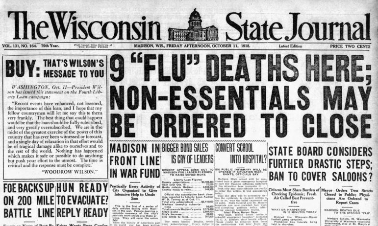 On Oct. 10, 1918, Dr. Cornelius Harper, Wisconsin's health chief, used his extraordinary power to shutter schools & public gatherings statewide. Some Wis. cities had already closed (as had some in other states). But Wisconsin was alone in taking such a sweeping statewide action