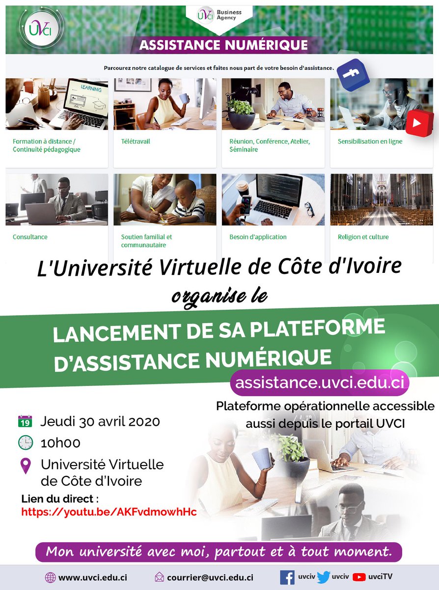 info_tech2's tweet photo. #civedu ce jeudi 30 Avril 2020, l'@uvciv lance officiellement sa plateforme d’#ASSISTANCE #NUMÉRIQUE, de 10h à 11H. Suivez en direct sur #uvciTV : https://t.co/INzKHUkflT
NB: la plateforme est déjà en exploitation 
https://t.co/nKzSSCd5Sh
@Gouvci #COVID19 #ContinuitePedagogique https://t.co/ao7Rk9xcRu