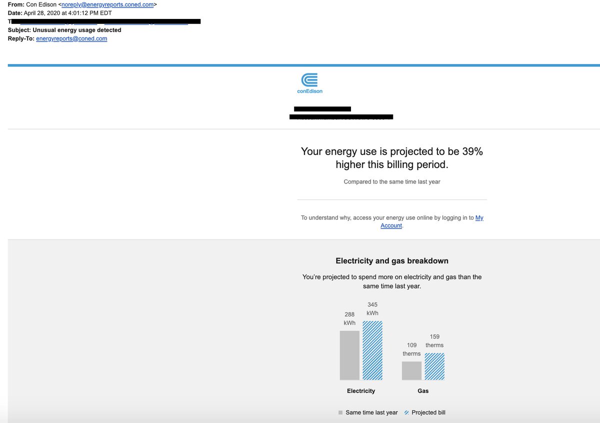 Got an email from  @ConEdison alerting us that, for some mysterious reason, our home energy usage seems to have gone way up. Can't imagine why.