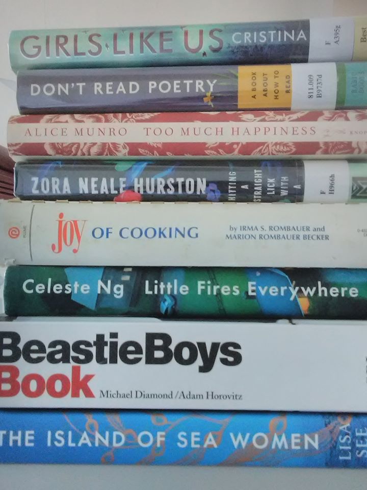 STLCCLibraries's tweet photo. Everyone wants to get in on the #bookspinepoetry action at #STLCCLibraries
Girls like us don’t.
Read poetry – too much happiness
Hitting a straight lick with a
joy of cooking:
little fires everywhere.
Beastie Boys book the
Island of Sea Women. https://t.co/gAU8CSzxW1