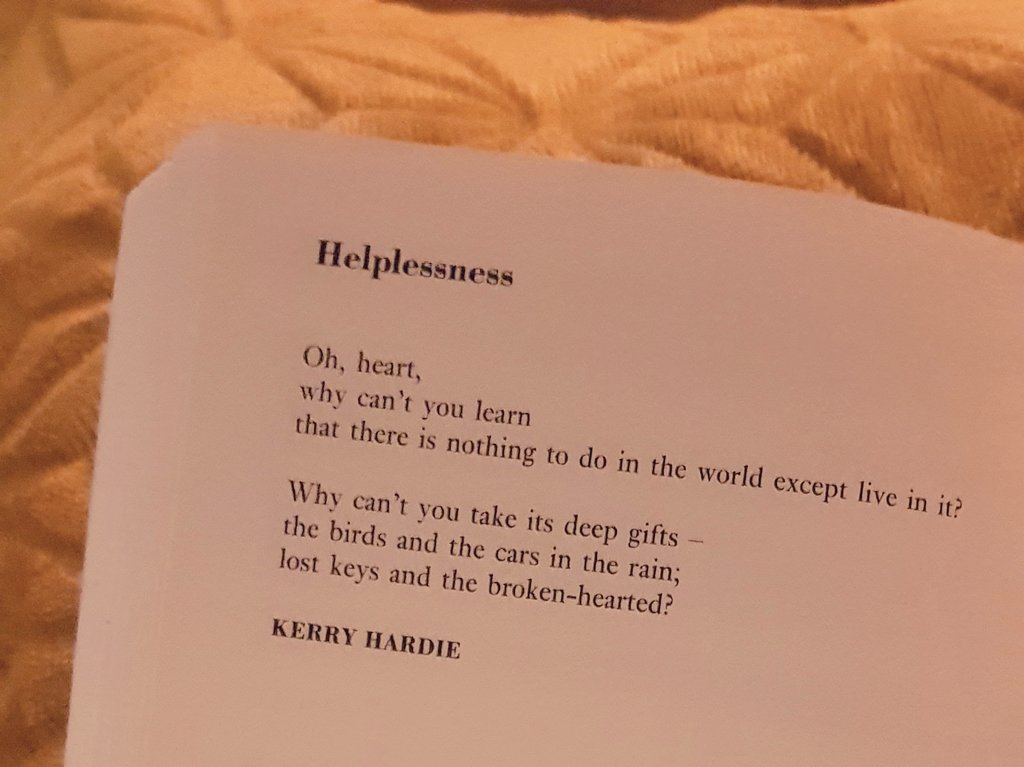 'Oh heart / why can't you learn / that there is nothing to do in the world except live in it?'

From 'Helplessness' by #KerryHardie

In the anthology - 'Being Human'