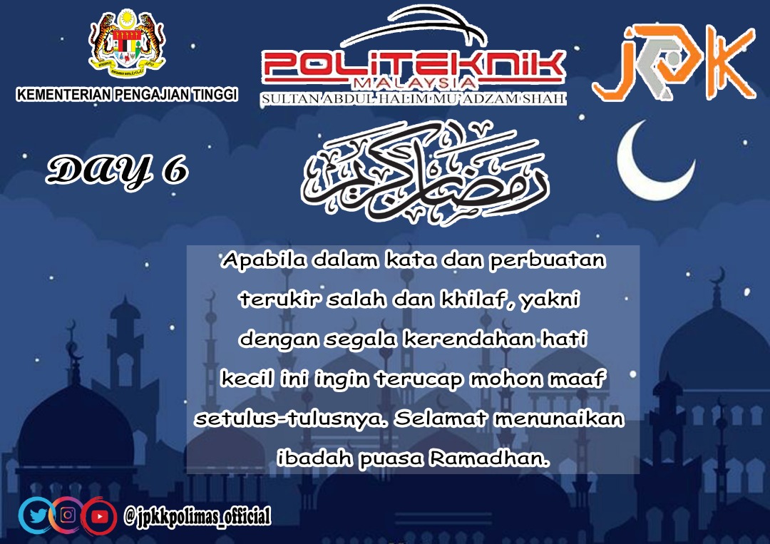 jpkkpolimas_off's tweet photo. [ Day 6 of Ramadhan Kareem ]
29 APRIL 2020 | 6 RAMADHAN 1441 
HIJRAH 

#day6
#jpkk
#jpkkpolimas 
#polimas 
#ramadhan 
#stayhome https://t.co/0Q9z1n7xj2