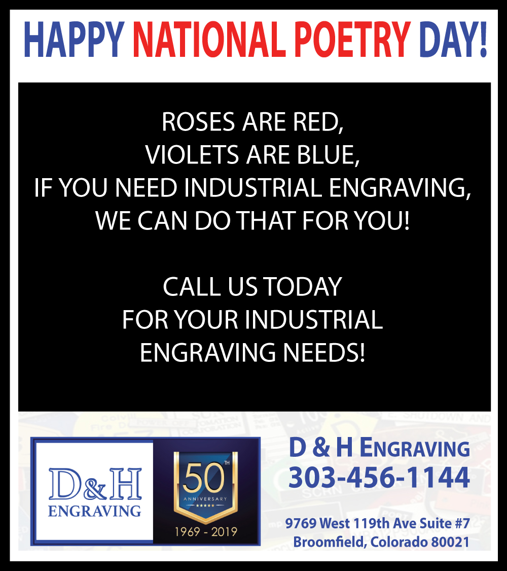 DandHEngraving's tweet image. Need industrial engraving? Give us a call!
Oh, and happy National Poetry Day!

D&amp;amp;H Engraving
303-456-1144

#IndustrialEngraving
#MeterTags
#SwitchBoxes
#ControlPanels
#LegendPlates
#PanelBoards
#SafetySigns
#BuildingOwners
#Electricians
#Plumbers
#Denver
#EngraverNearMe