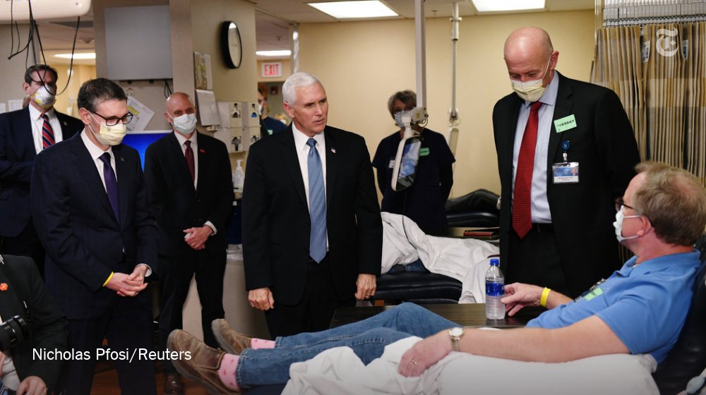 nytimes's tweet photo. Vice President Mike Pence flouted the Mayo Clinic’s policy that asks all visitors to wear face masks while touring the facility on Tuesday.

He appeared to be the only person not wearing one while meeting staff and patients.
https://t.co/hNWfS4p6O7 https://t.co/6q0TqXtsw7