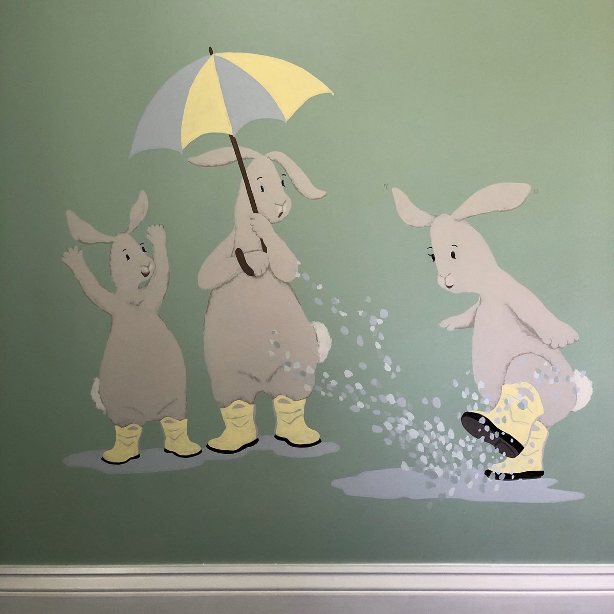 Daughter is currently obsessed with rabbits, wellies and puddles...think I’ve earned myself a few #lockdown brownie points! Hopefully enough to offset her horror when her new sister turns up?! #kidsillustrator #paintingthewalls #rabbitsinwellies #kidslitart #illustration
