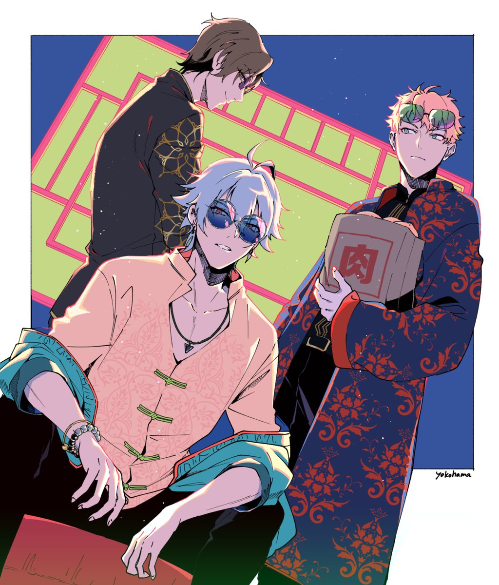 3boys multiple boys male focus blonde hair sunglasses jewelry chinese clothes  illustration images