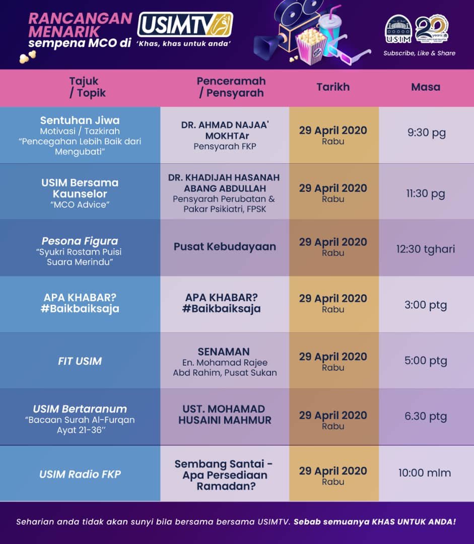 usim's tweet photo. Apa rancangan menarik dalam USIMTV Rabu 29 April? Ini yang kami sediakan khas...khas untuk anda.
#KitaJagaKita https://t.co/6hKmNgI3Ft