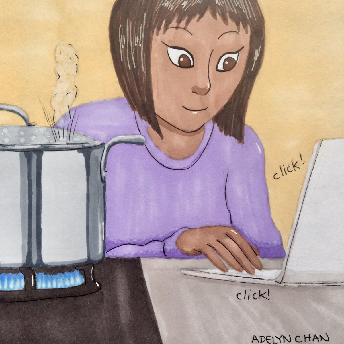 Adelyn Chan A Twitter Multitasking When Preparing Meals Penny Likes To Do Homework At The Same Time Wia Animation Wiawfh Adelynsartcorner Art Bhfyp Cute Color Cooking Creative Cartoon College Draw Design Ink Illustration