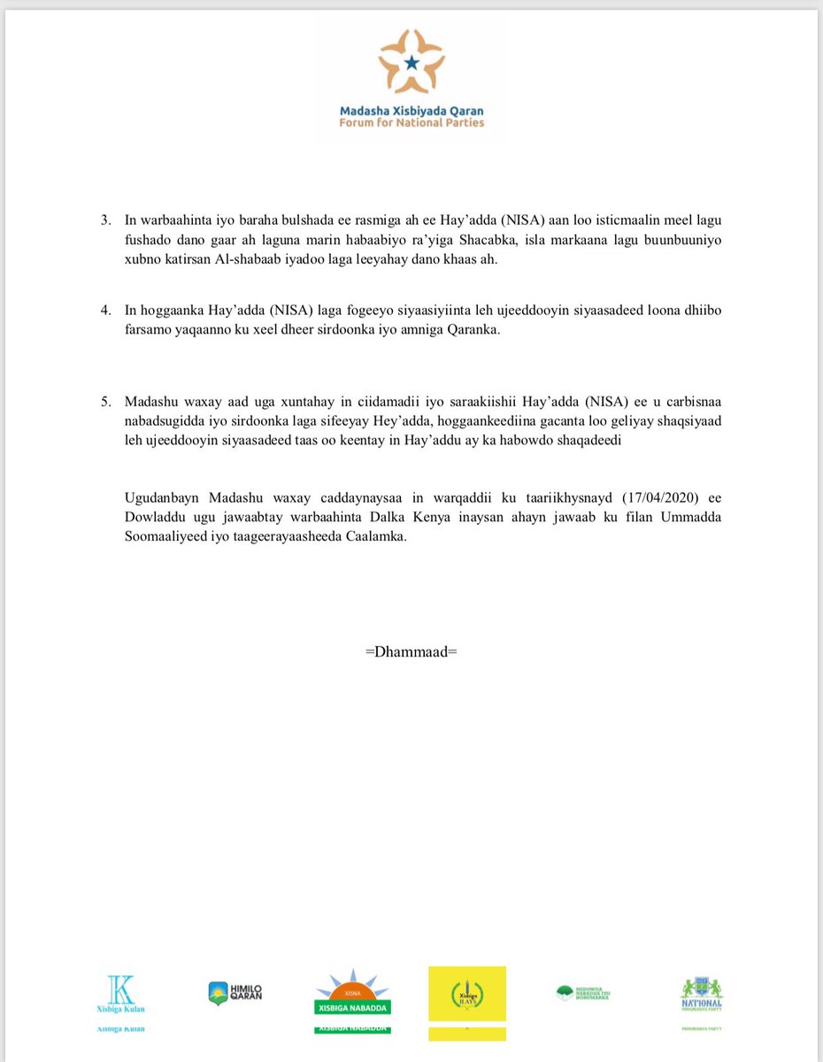 HarunMaruf's tweet photo. A letter sent by the Forum for National Parties to @M_Farmaajo, @SomaliPM, Speakers of the two Houses and AG expresses serious concern about recent reports of alleged “connection and collaboration” b/w NISA and Al-Shabaab group. Members of FNP confirmed authenticity of the letter https://t.co/MGQysxi3VG