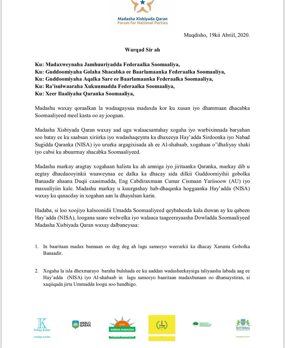 HarunMaruf's tweet photo. A letter sent by the Forum for National Parties to @M_Farmaajo, @SomaliPM, Speakers of the two Houses and AG expresses serious concern about recent reports of alleged “connection and collaboration” b/w NISA and Al-Shabaab group. Members of FNP confirmed authenticity of the letter https://t.co/MGQysxi3VG