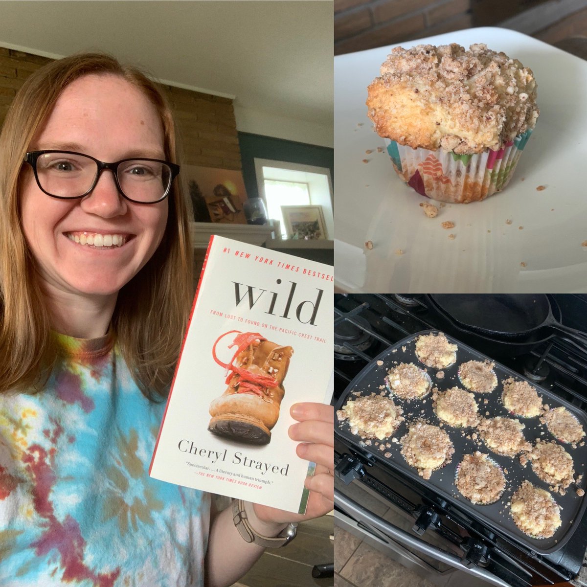 whsmrsb's tweet photo. Virtual Spirit Week Day 2! New book (#6 for quarantine), new recipe (Cinnamon crumb cake muffins), and tie dye for Try it/tye dye Tuesday! @woodhavenstuco https://t.co/Aml9IYXWd4