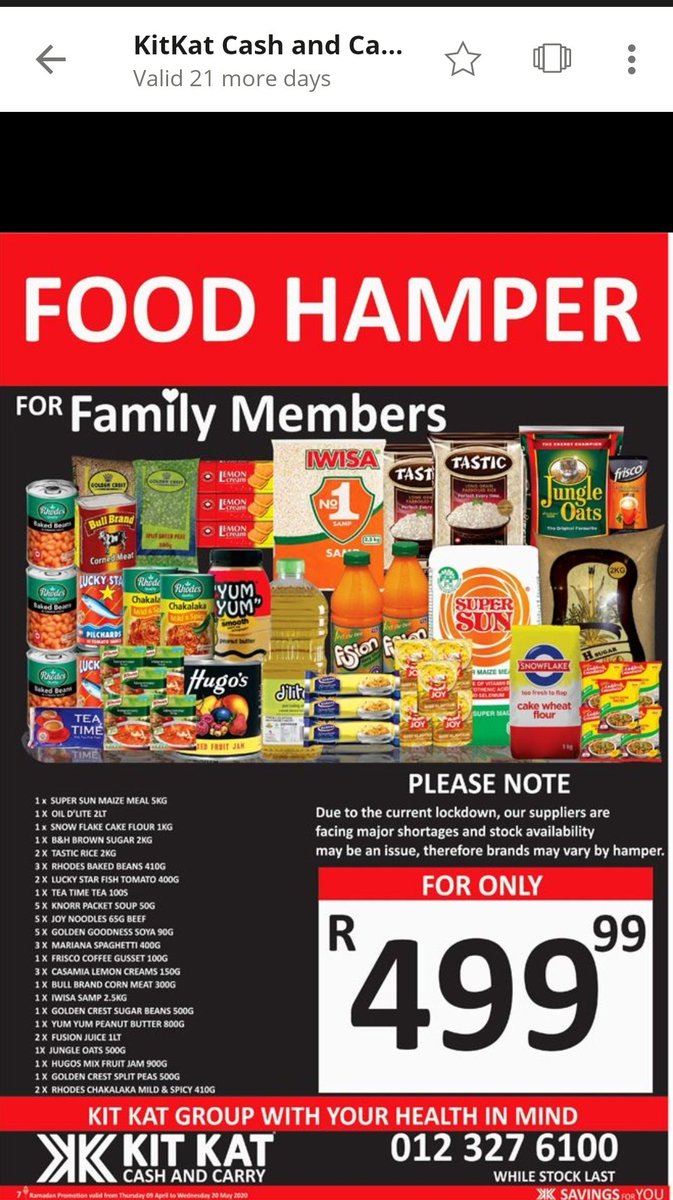 selina_m85's tweet photo. In case you want to donate to the needy during these times, Kit Kat has specials on food parcels /hampers... Also they deliver for FREE when you spend R500 or more... Please retweetπ #LockdownSA #LockdownExtended #LockdownDay31 https://t.co/rLsH8PE8YT