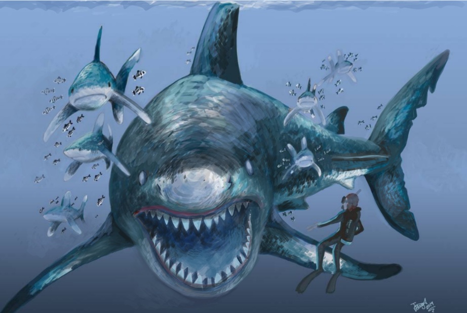 HodariNundu's tweet image. I&apos;ve often wondered whether #megalodon was followed around by a cohort of smaller sharks, waiting to feed on its scraps and saving energy by swimming on the bigger shark&apos;s wake. #RTMPArtChallenge @RoyalTyrrell #BlueArt