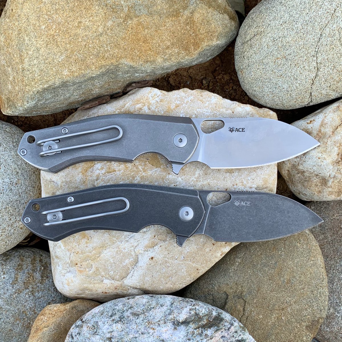 StNicksKnives's tweet photo. #TitaniumTuesday with the @GiantMouse_LLC ACE Biblio Ti and PVD Ti! Check em out over on our website linked in the page bio or at our Athens store. #knivesRsharp https://t.co/Z2uLxLcEGr