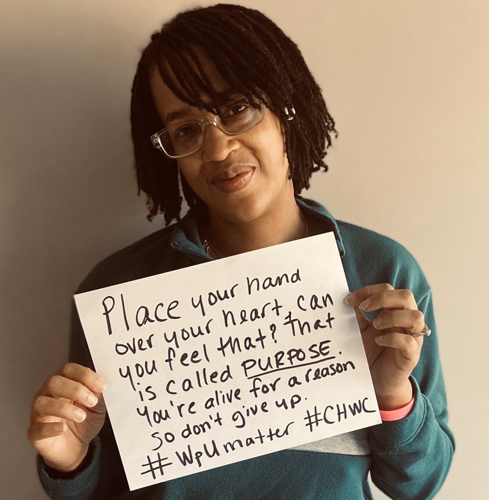 WPCHWCenter's tweet photo. “Place your hand over your heart, can you feel that? That is called PURPOSE. You’re alive for a reason. So don’t give up. #wpUmatter #wplightstheway @wpunj_edu https://t.co/k4wTgxsXKA