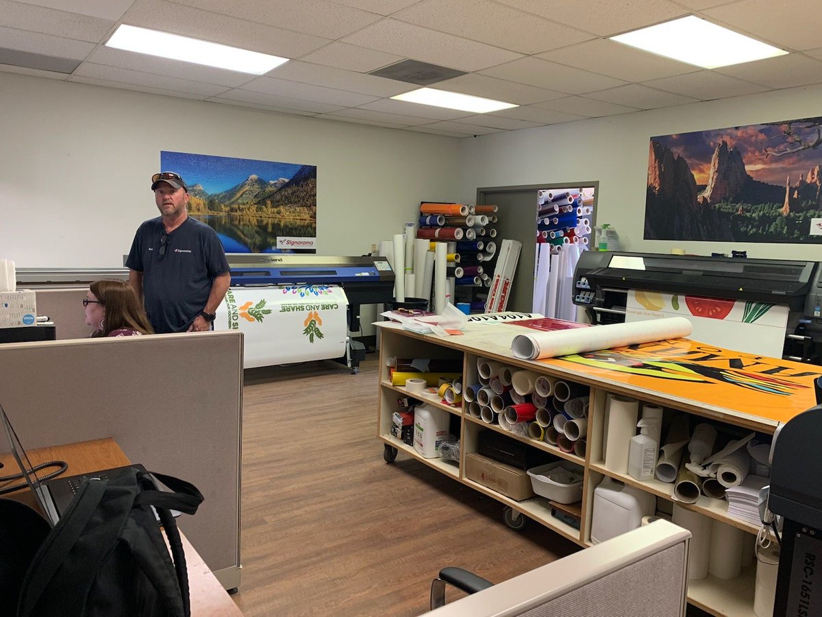 COSignARama's tweet photo. Design and production working together to keep things moving! Both printers and the plotter are also hard at work. #StevetheSignGuy #signarama #coronavirus #tuesdayvibes #hardatwork https://t.co/c6XCFbX352