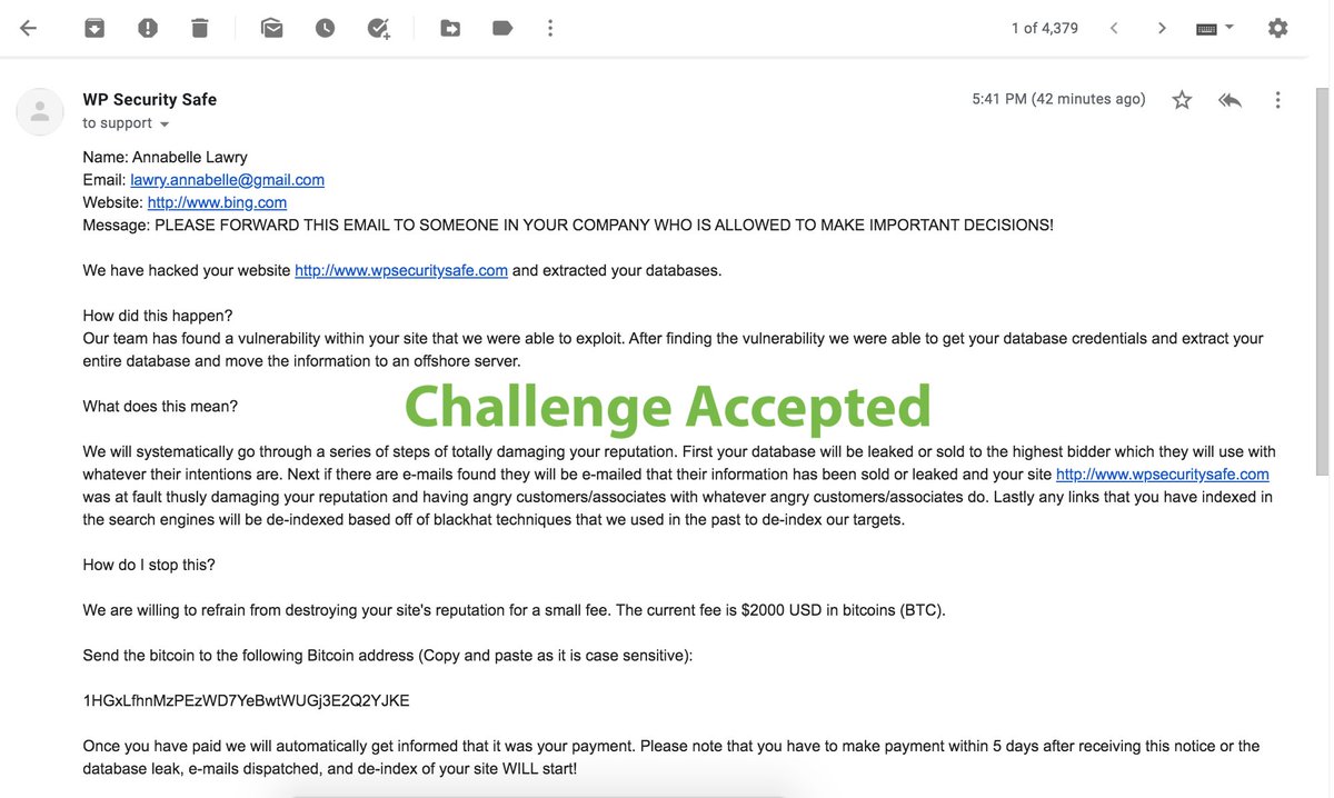 wpSecuritySafe's tweet photo. #WordPress site owners are getting contacted by self-proclaimed hackers (likely spam) in an attempt to extort them into paying #bitcoin. If this happens to you, seek out #wpsecurity professional for help. Do not pay them. https://t.co/hYvxKk8vov