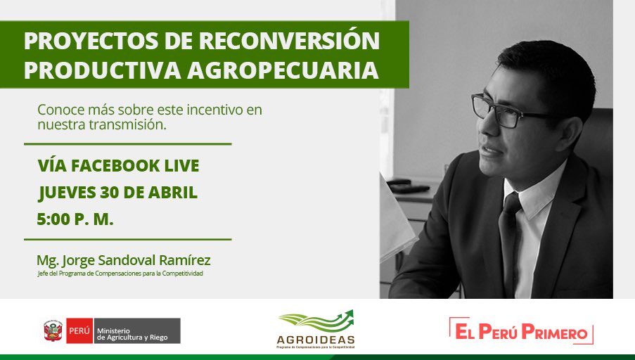 AGROIDEASPeru's tweet photo. #SeguimosTrabajando
De acuerdo a sus sugerencias, esta semana realizaremos una segunda transmisión en vivo sobre los pasos para presentar un Proyecto de #Reconversión Productiva Agropecuaria.
 
👉🏽 Conéctate el jueves 30 de abril a las 5:00 p. m. al Facebook Live de AGROIDEAS. https://t.co/VYz8nupWya