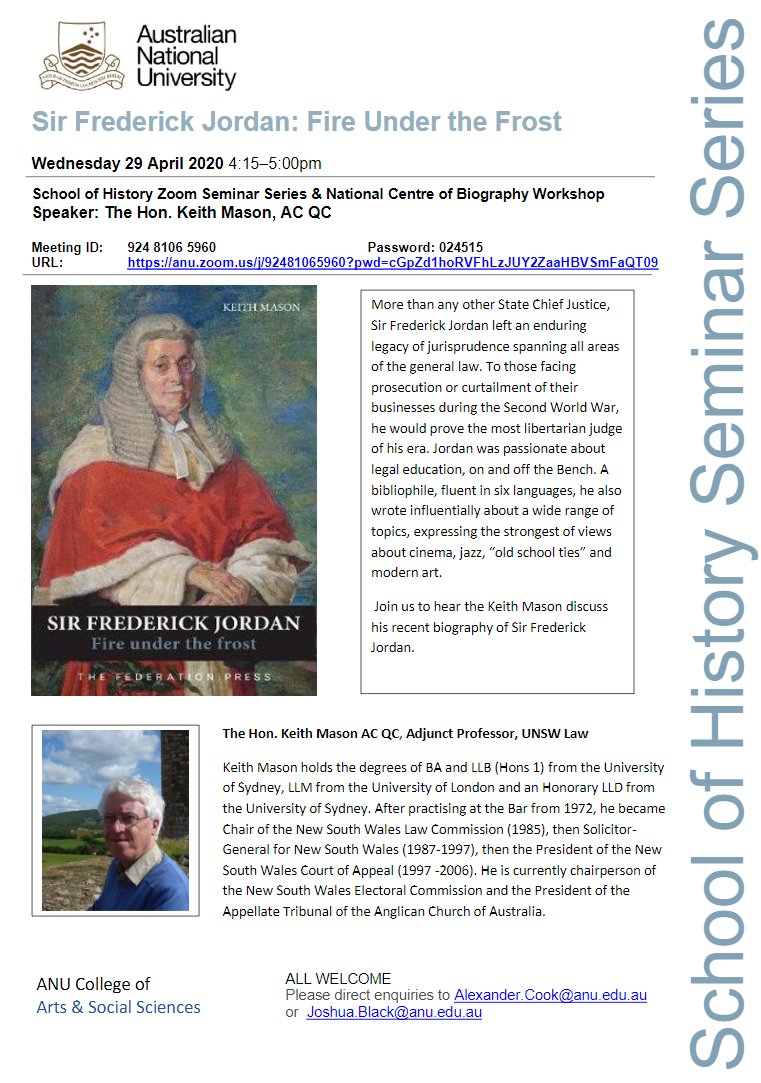 Today's School of History Seminar series features Keith Mason discussing Sir Frederick Jordan, "the most libertarian judge of his era."

Details attached!