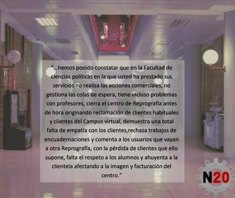 Desde Los Nuevos Veinte hemos tenido la oportunidad de entrevistar a una trabajadora de reprografia que todos conocéis, publicamos esta entrevista con su consentimiento para dar a conocer las irregularidades que la empresa reproexpres ha llevado a cabo tanto a la hora de --->