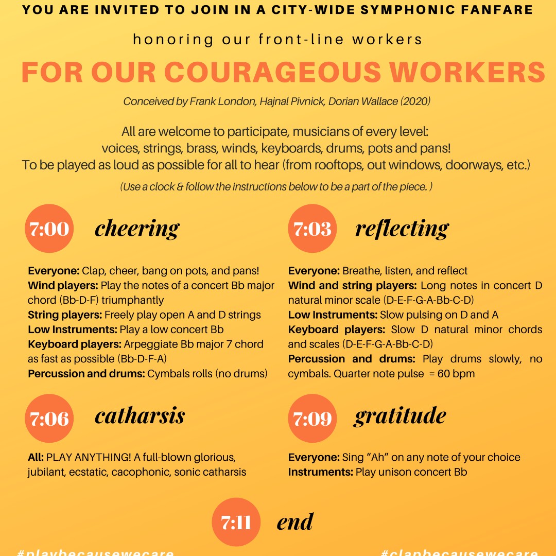 TOMORROW (4/29) at 7:00PM EDT, join us in a city-wide symphonic fanfare we co-sponsored with <a href="/TENTHInterventn/">Tenth Intervention</a> to honor our front-line workers. All are welcome to participate! 
For more info, visit: tenthintervention.com/workers