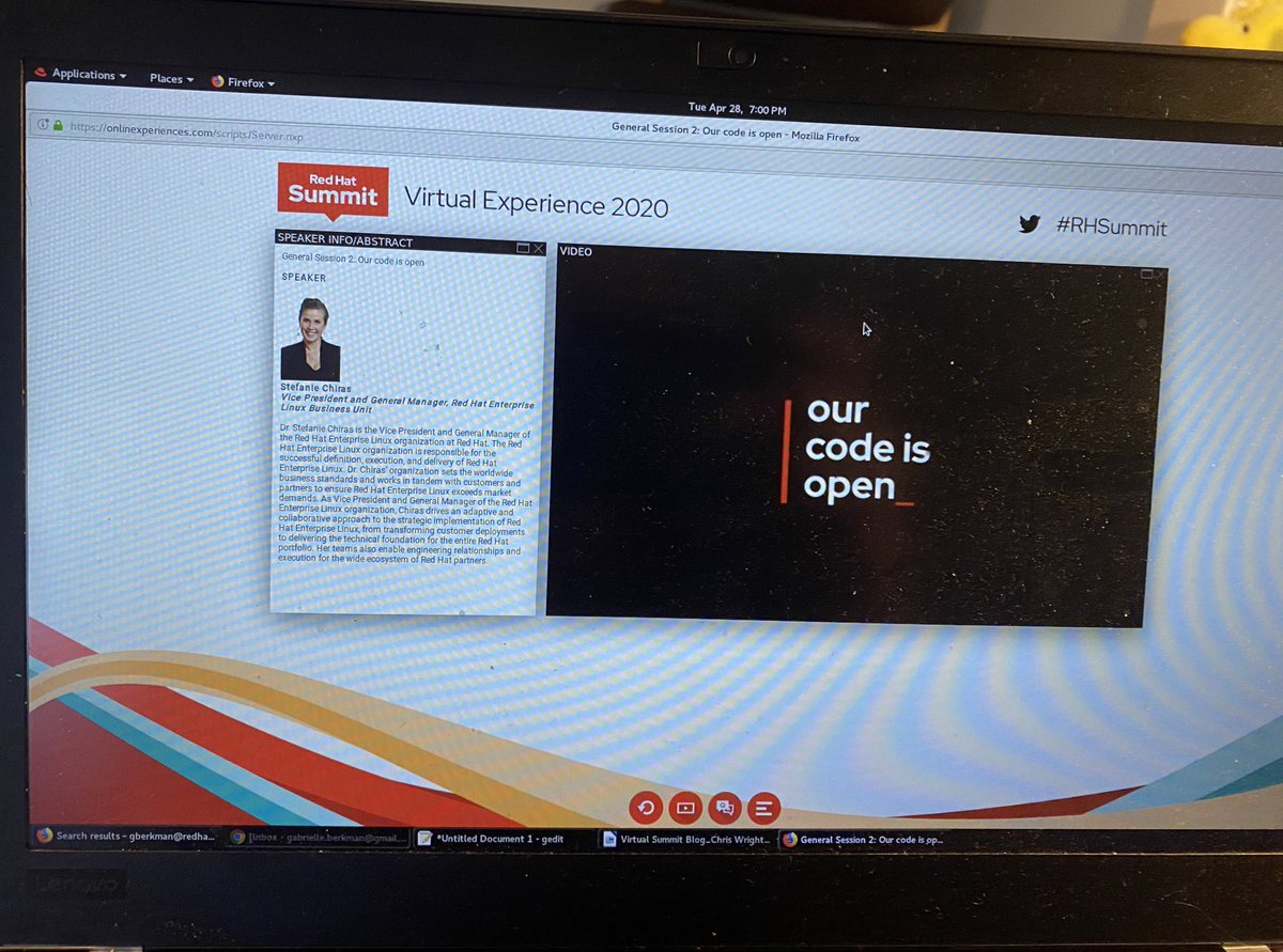 Gabyberk's tweet photo. Closing a great first day of #RHSummit with this incredible message. Looking forward to seeing our newest Open Source Stories! #redhat #ourcodeisopen https://t.co/HJqlO63lDc