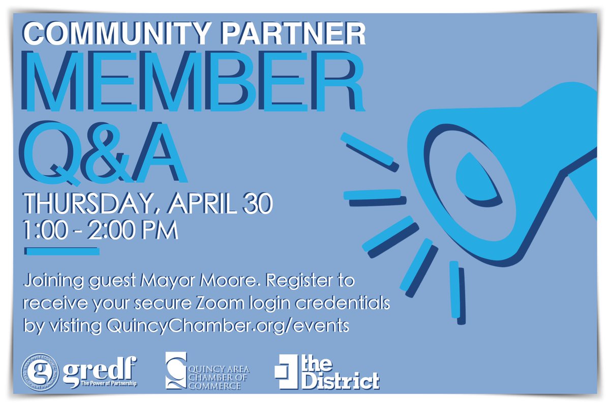 GREDFnews's tweet photo. Join us for the weekly Community Partner Member Q&amp;A

Speak to directors of @TheDistrictQcy @quincychamber @GREDFnews 

Guest: @mooreforquincy on the Quincy &amp; Adams Co. Road to Recovery Framework Plan. 

REGISTER: https://t.co/cqSDDU8GPb

#AdamsCountyTogether https://t.co/teELKA5XzG