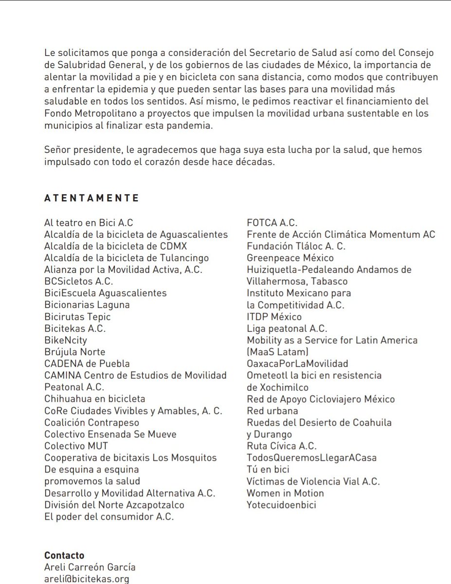 arelibiciteka's tweet photo. Diversas organizaciones civiles escribimos a @lopezobrador_  ¡Necesitamos banquetas anchas, infraestructura ciclista segura, espacio público de calidad para enfrentar COVID y obesidad en todo México! Necesitamos #MovilidadSaludable ya! https://t.co/ci7FrhkxZ5