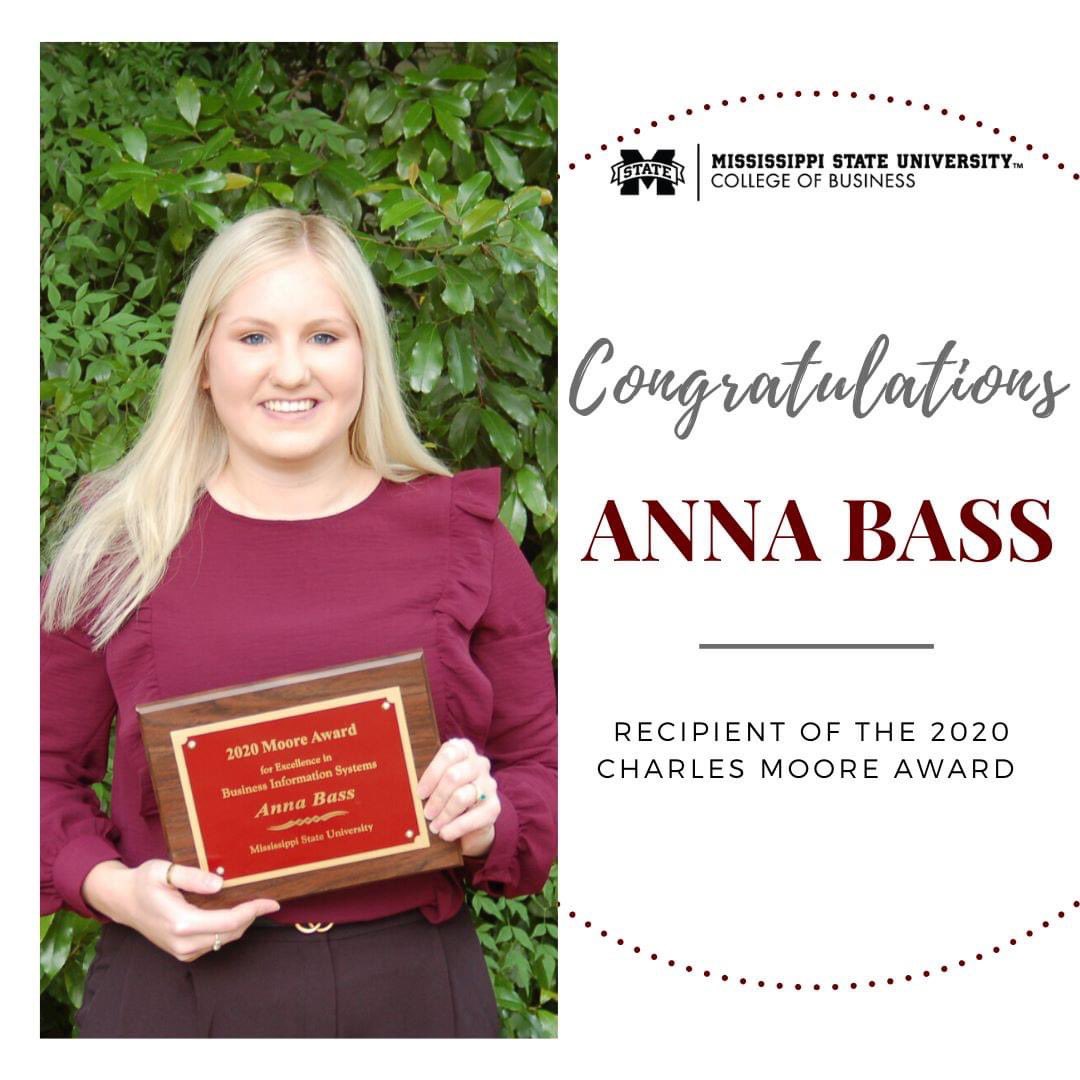 MSUBusiness's tweet photo. Congratulations to Business Information Systems senior, Anna Bass, on being selected as the 2020 recipient of the Moore Award! The Moore Award, named in memory of Dr. Charles Moore, the founder of the BIS program, is given annually to the top undergraduate student in the program. https://t.co/mbYyM0H5zs