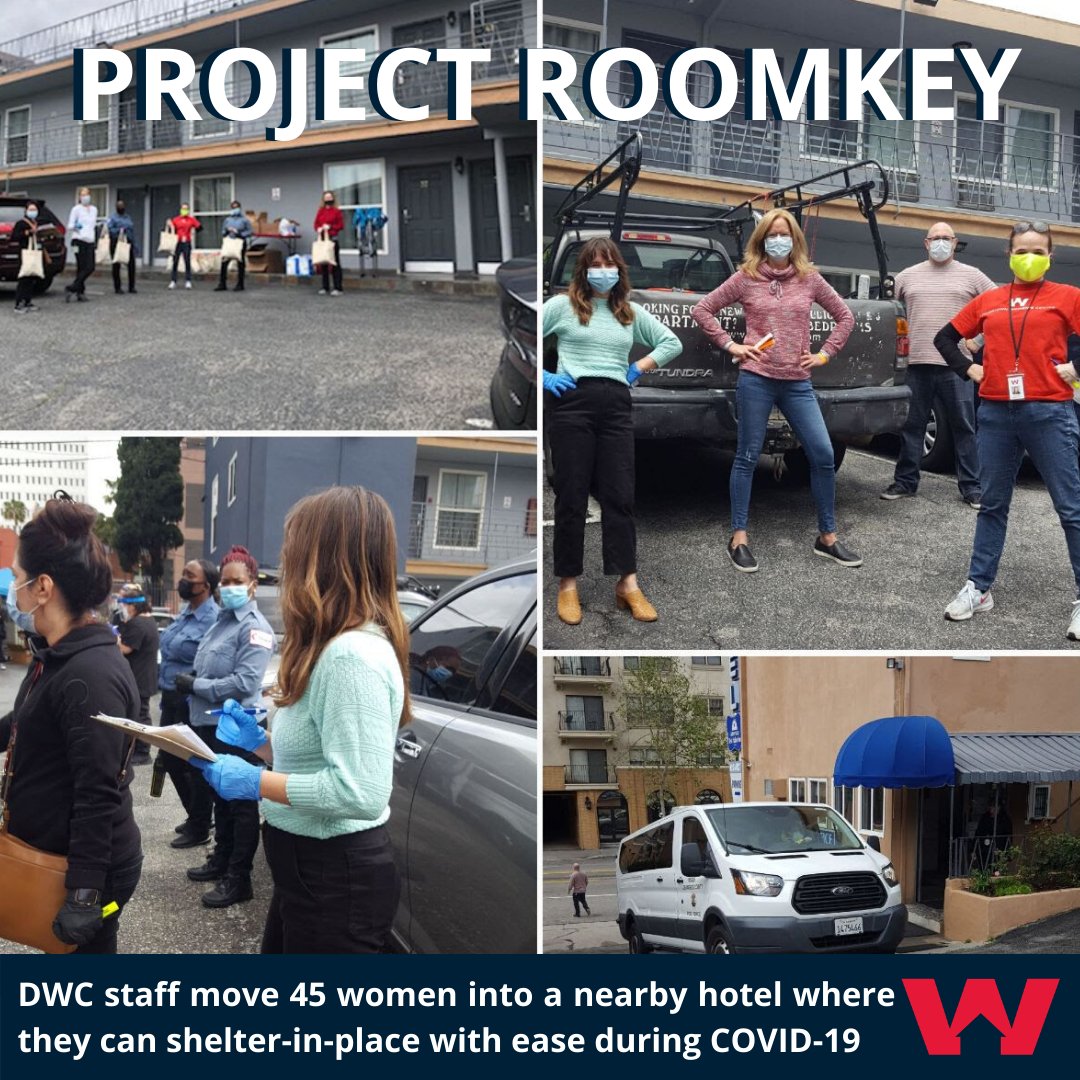 DWCweb's tweet photo. DWC is now providing services as part of Project Roomkey! This month, staff moved 45 women into hotel rooms where they can shelter-in-place with ease while receiving meals, onsite medical care, and case management. https://t.co/1VRjS1a9mq