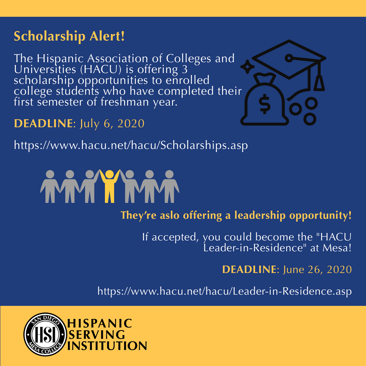 sdmesahsi's tweet photo. Scholarship and Leadership opportunities! Check out 
@HACUNews or to apply go to https://t.co/Mwr8wCNZNo
https://t.co/haMGsKGLW7
 #HSIservingness #sdmesahsi #hsi https://t.co/Y91G9bpSKA