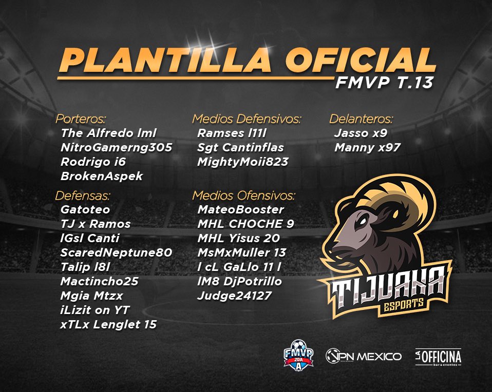 TijuanaEsports's tweet photo. Empieza nuestro camino en la @VPN_MEXICO  en la 2da División de @Fmvp .. esta es nuestra plantilla que nos representará en todo el torneo .. nuestros mejores deseos para cada no de ellos . https://t.co/mvxBQ3qEM6