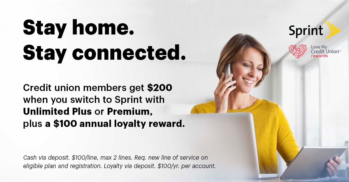 APFCU's tweet image. Stay safe and connected. Credit union members get $200 cash when you switch to Sprint with Unlimited Plus or Premium. 

Shop safely online now and get free next day shipping and no activation fees. Claim your rewards now. #LoveMyCUrewards.

bit.ly/2SjdIjo