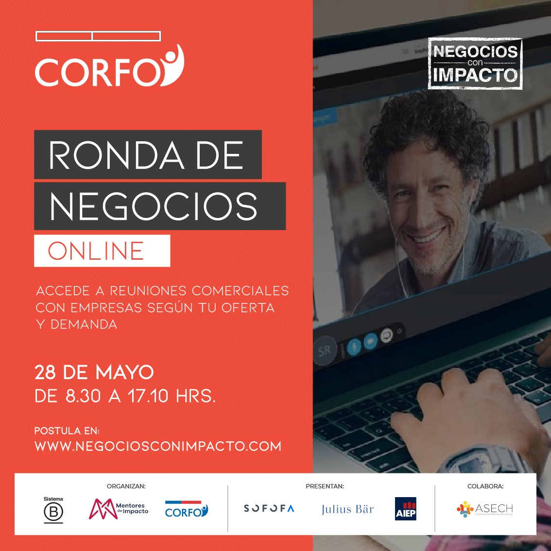 CorfoLosLagos's tweet image. Participa en la Primera Rueda de Negocios con Impacto 100% online en Chile @Corfo, Sistema B, Mentores de Impacto y Servicios Públicos de fomento invitan a ser parte de esta inédita oportunidad 27 y 28 de Mayo conéctate a los webinar informativos #negociosconimpacto #CorfoContigo