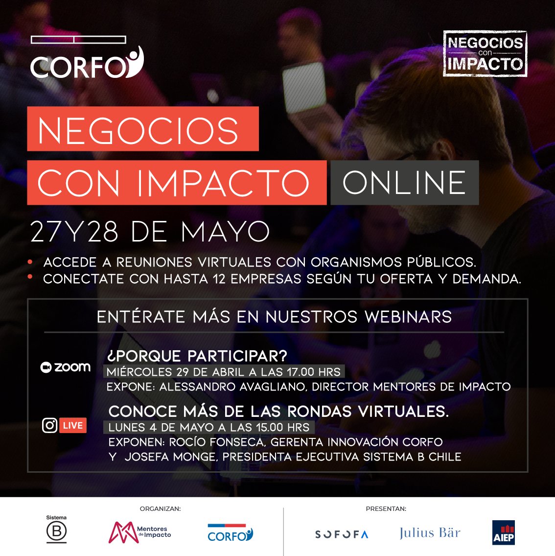 Participa en la Primera Rueda de Negocios con Impacto 100% online en Chile <a href="/Corfo/">Corfo</a>, Sistema B, Mentores de Impacto y Servicios Públicos de fomento invitan a ser parte de esta inédita oportunidad 27 y 28 de Mayo conéctate a los webinar informativos #negociosconimpacto #CorfoContigo