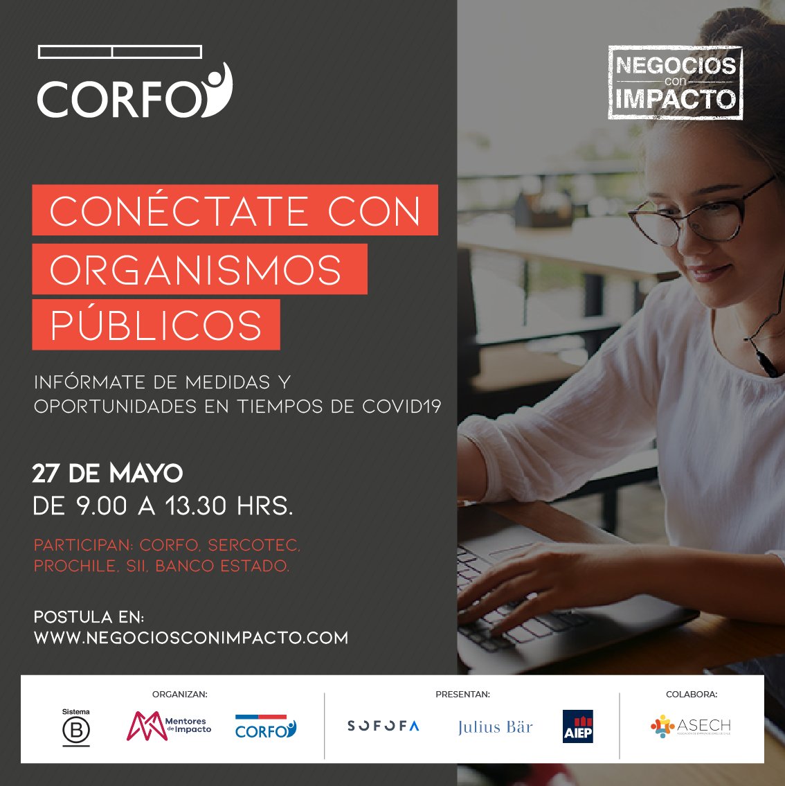 CorfoLosLagos's tweet image. Participa en la Primera Rueda de Negocios con Impacto 100% online en Chile @Corfo, Sistema B, Mentores de Impacto y Servicios Públicos de fomento invitan a ser parte de esta inédita oportunidad 27 y 28 de Mayo conéctate a los webinar informativos #negociosconimpacto #CorfoContigo