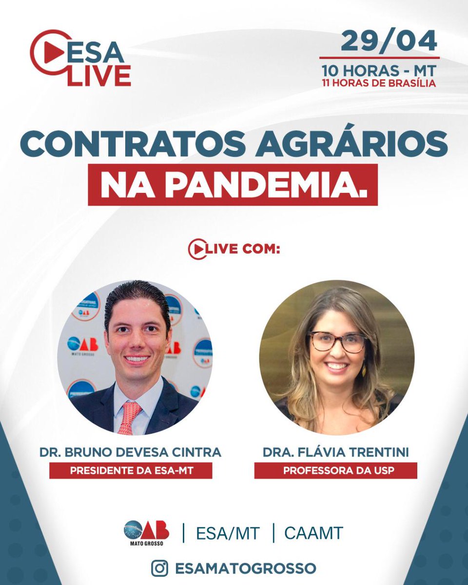 oabmt's tweet photo. #NãoPerca

Nesta quarta-feira (29) tem #ESALive com a professora Flávia Trentini sobre contratos agrários.

Acompanhe no Instagram - @esamatogrosso https://t.co/HUOS3XLXUp
