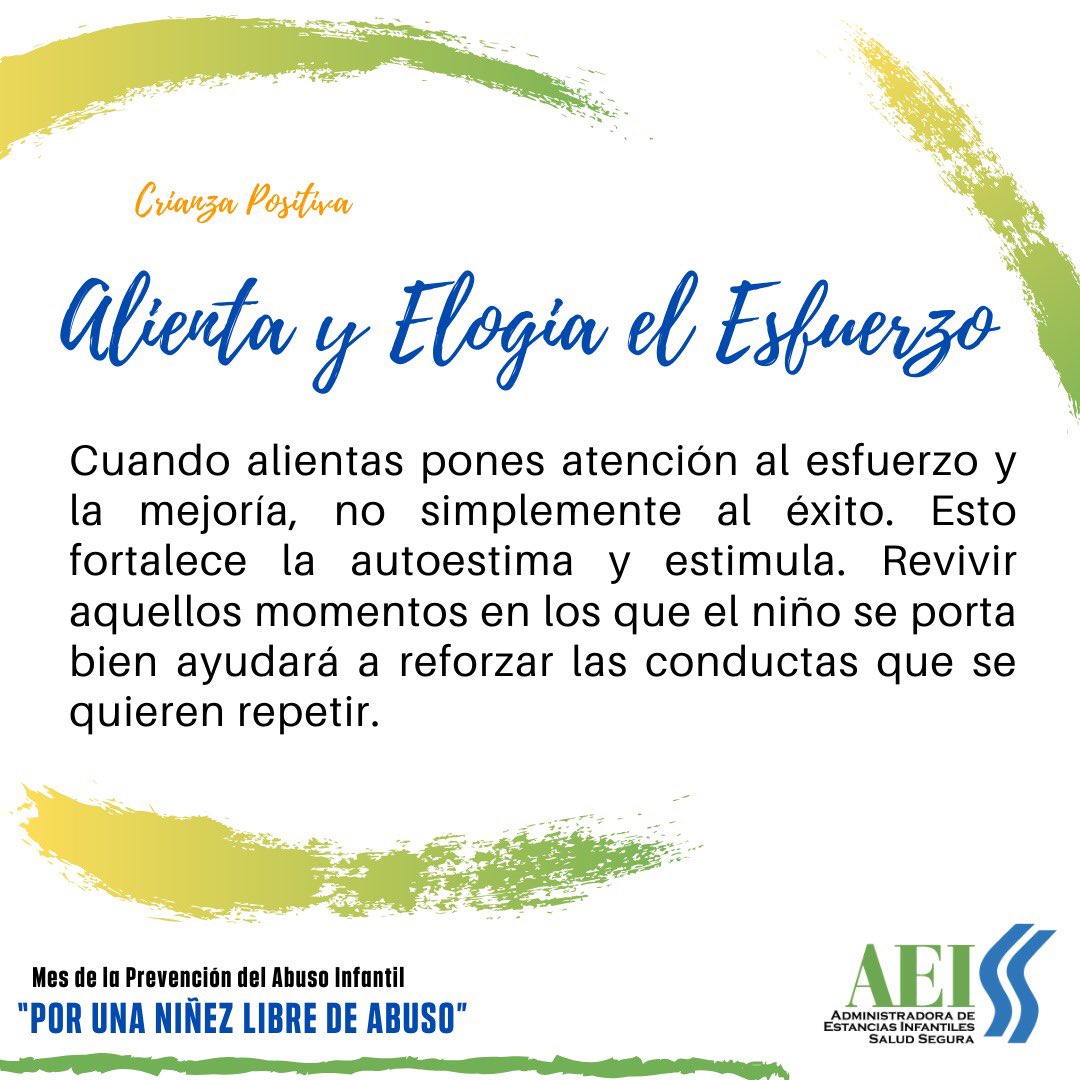 Una de las acciones claves de la #crianzapositiva es Alentar y Elogiar el Esfuerzo de nuestros 👧🏽👶🏻. Cuando alientas pones atención al esfuerzo y la mejoría, no simplemente al éxito.
#pounaniñezlibredeabuso #mesdeprevencióndelabusoinfantil #derechosdelaniñez #aeiss_rd