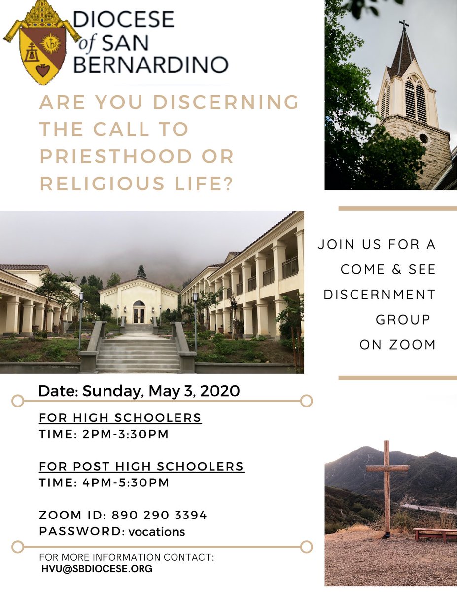 spYOUthministry's tweet photo. San Bernardino Diocese is hosting discernment zoom sessions on Sunday, May 3! Come &amp; see! https://t.co/J08uC9cqQE