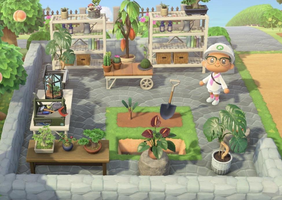 85. Un coin jardinage (Source :  https://www.reddit.com/r/AnimalCrossing/comments/g9eohn/had_a_blast_putting_together_my_plant_workspace/)