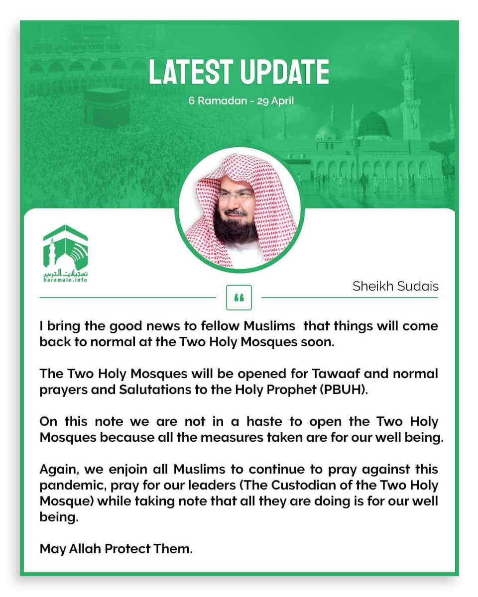 HaramainInfo's tweet image. LATEST UPDATE: 29TH APRIL 2020 - 6TH RAMADHAN 1441
