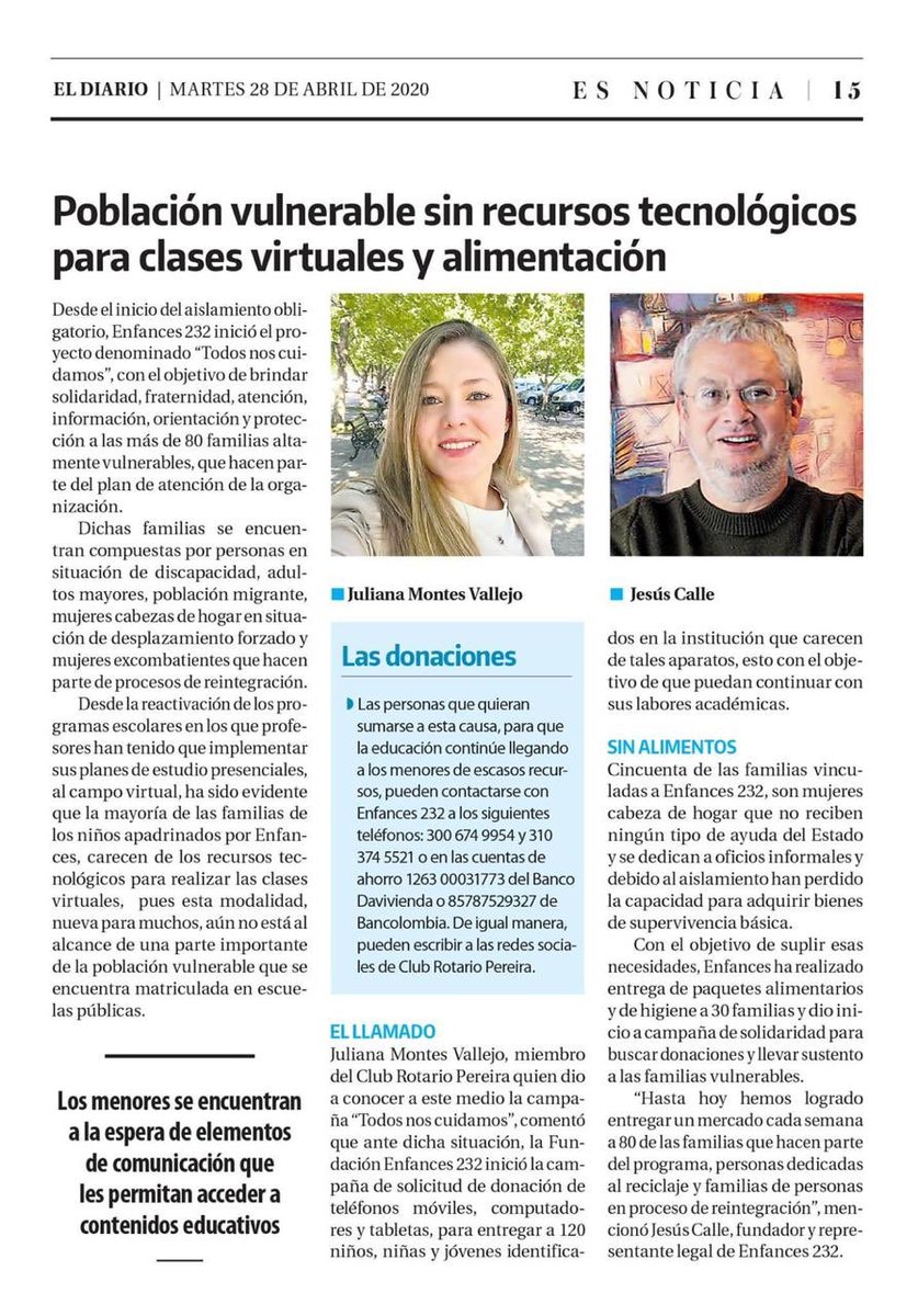 Rotary4281's tweet photo. Les compartimos la nota que sacó el periódico local “El Diario” en Pereira, donde desde el CR Pereira apoya la difusión de la campaña de la Fundacion Enfances 2/32, para recaudar recursos tecnológicos para que nuestros niños de la fundación puedan estudiar. https://t.co/KkfEfuoDR0