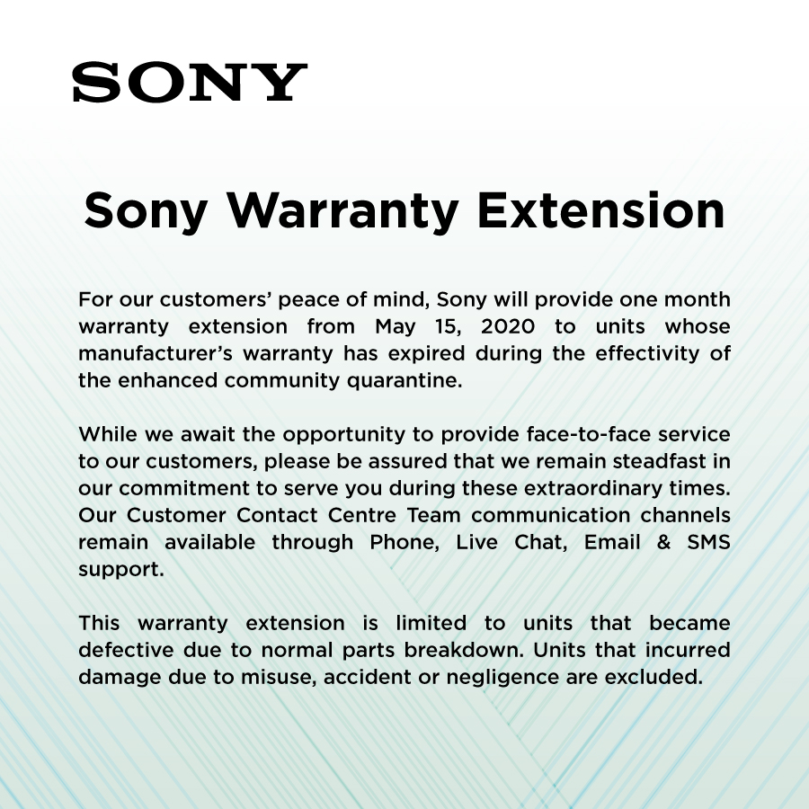 SonyPHinc's tweet photo. For our customers’ peace of mind, Sony will provide one month warranty extension from May 15, 2020 to units whose manufacturer’s warranty has expired during the effectivity of the enhanced community quarantine. https://t.co/JJLwZd6S6Z