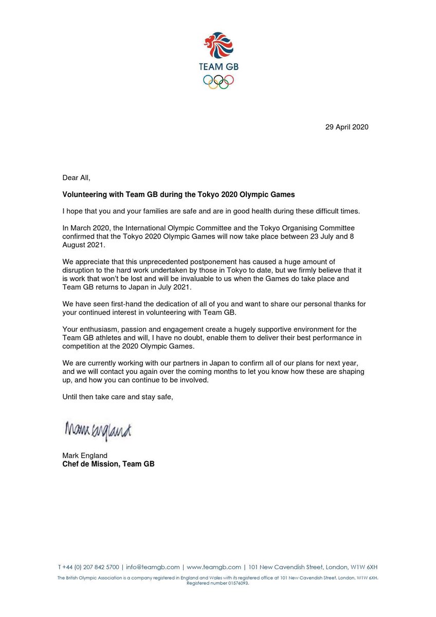 For all our <a href="/Tokyo2020/">#Tokyo2020</a> <a href="/TeamGB/">Team GB</a> Performance Lodge Volunteers, a letter of thanks and encouragement from Chef de Mission Mark England <a href="/BST_Sport/">BST Sport</a> <a href="/BST_Tokyo/">The British School in Tokyo</a>
