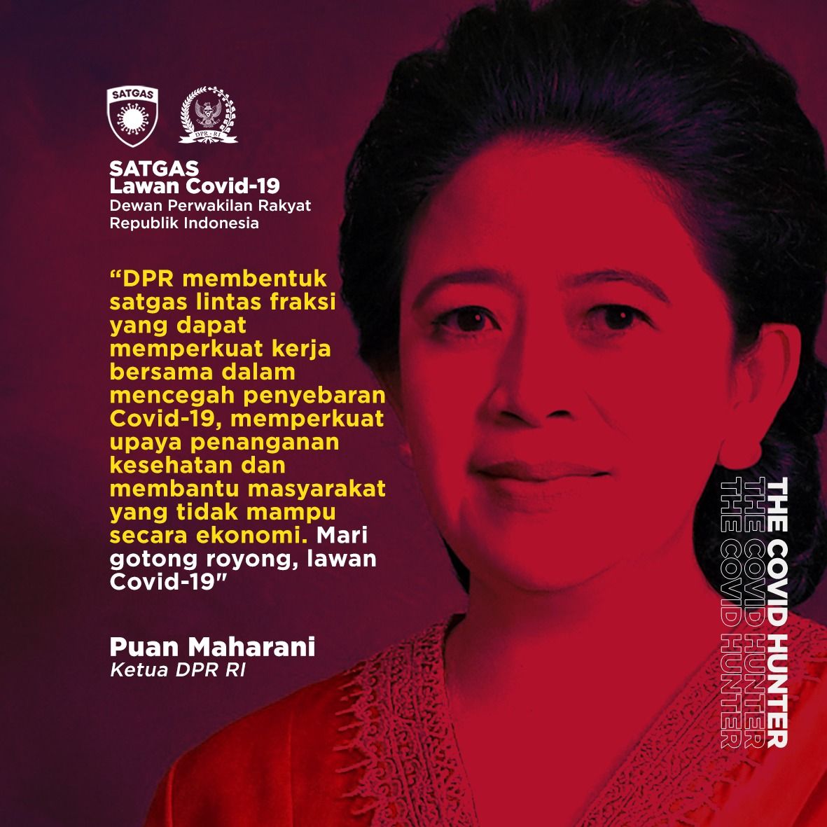 Satgas Lawan Covid-19 bergerak, menyusuri rumah sakit, membantu mengisi amunusi penangan kesehatan. Kami ada, berkat spirit masyarakat dan persatuan semua elemen di Senayan. Mari bekerja melawan Corona. Bersama.