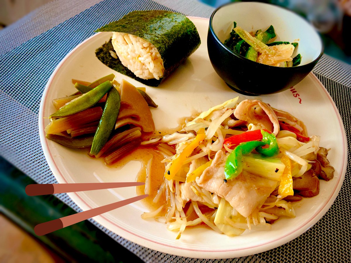 松村 若葉 たけのこごはんおにぎり 葉玉ねぎの酢味噌和え ふきとたけのこ絹さやの煮物 豚バラ野菜とろみ炒め 若ごはん