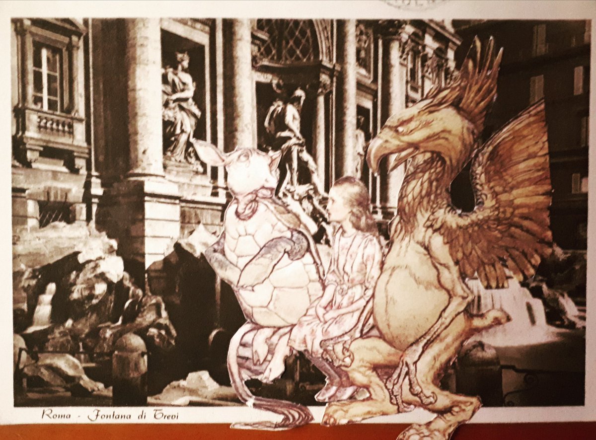 alessandrabava's tweet photo. Alice, the Mock Turtle and the Gryphon toss a coin in the Trevi Fountain (collage ✂️ illustration by Arthur Rackham + postcard dated 1918)

#collage #collageart #collagetherapy #aliceseries #alice #aliceseries #mockturtle #gryphon #trevifountain #iorestoacasa #stayhomesavelives https://t.co/fzpXpx0nCk