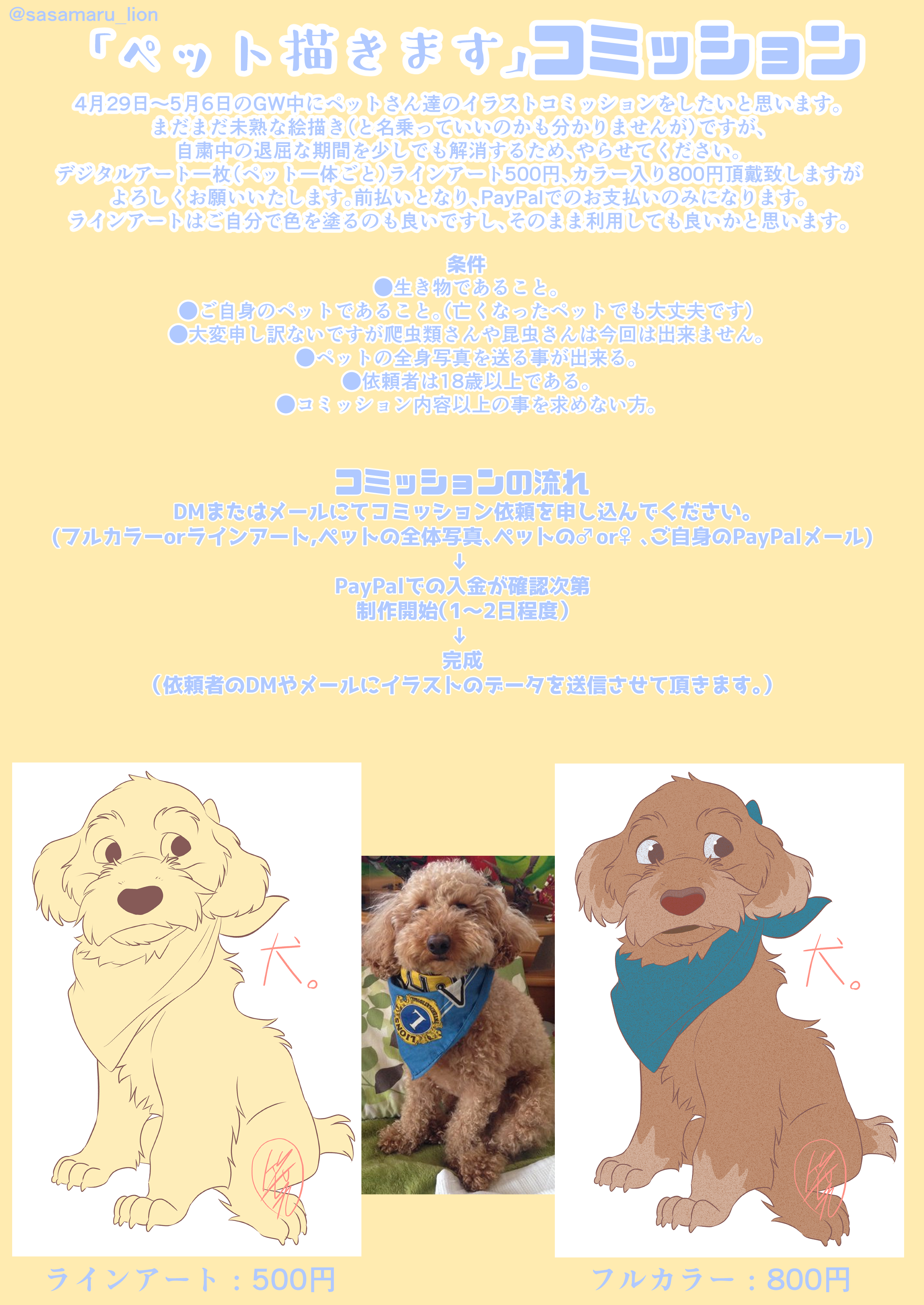 Twitter 上的 笹丸 ペットのイラストコミッションやります ラインアート500円 フルカラー800円です お支払いは大変申し訳ないのですがpaypalのみとなります こちらから申し込みできると思いますので お手数ですが T Co R7g614m0mq 本日は人ほど募集し