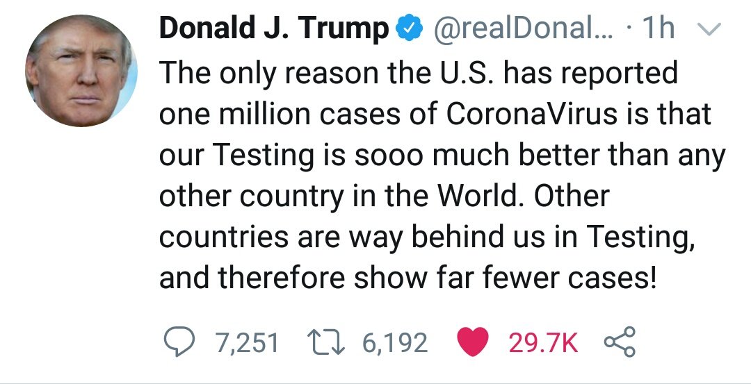 K24Tv's tweet image. POTUS Donald Trump has taken to Twitter to say that the only reason USA has reported 1M cases of #COVID19 is because their testing is better compared to other countries in the world.